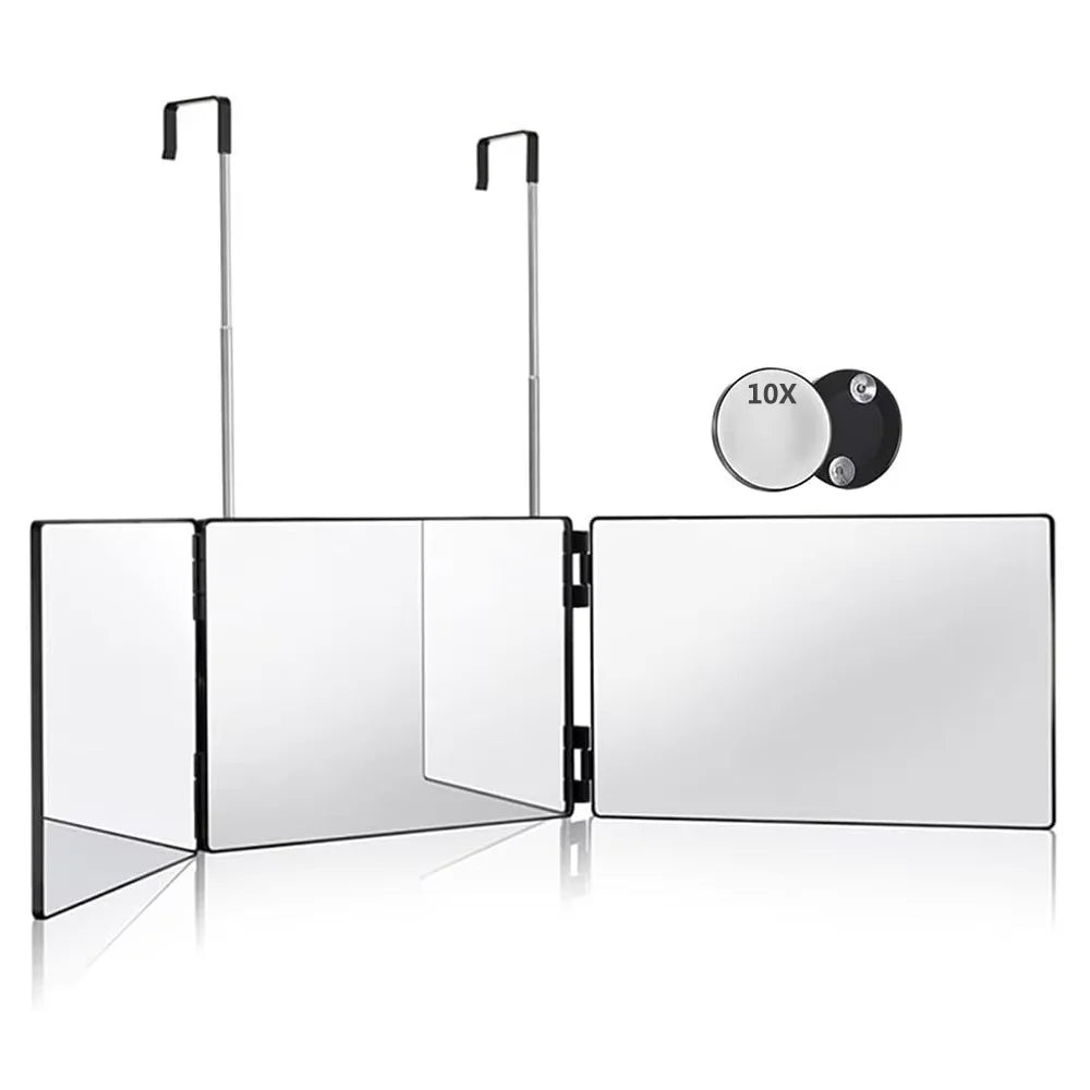 360 Trifold Mirror Portable with Height Adjustable Telescoping Hooks Ideal for Self Hair Cutting Makeup Essential Fordable