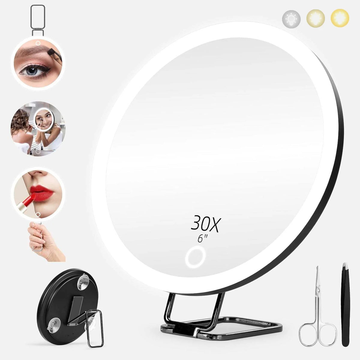 Tweezers & Scissors 30x Magnifying Mirror Set LED-Lit Magnifying Makeup Mirror 30x Magnification Makeup Mirror Portable Travel