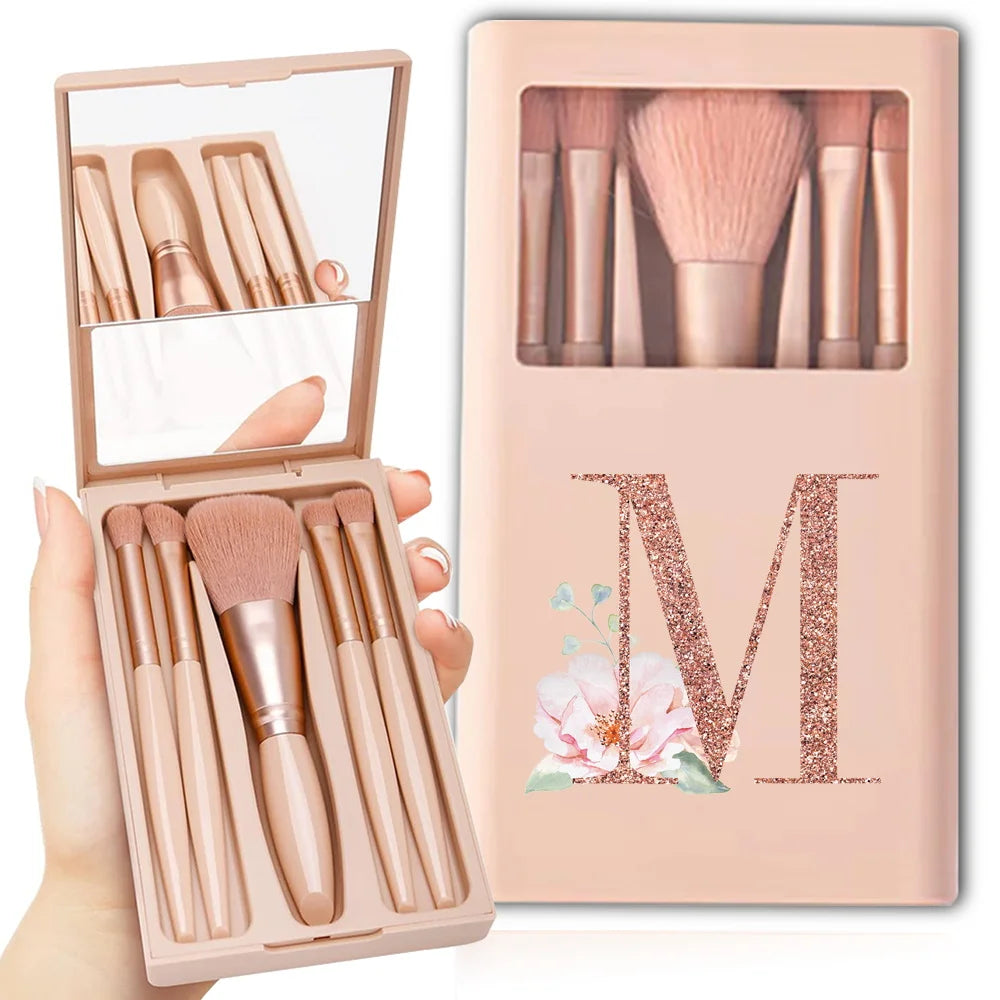 5pcs Cosmetic Brush Kit With Mirror And Case Foldable Box Storage Makeup Brush Set Portable Beauty Tool Rose Gold Letter Pattern