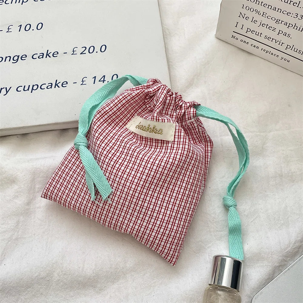 New Plaid Storage Drawstring Bag Women Cosmetics Lipstick Storage Pouch Cute Makeup Bag Christmas Gift Candy Jewelry Organizer