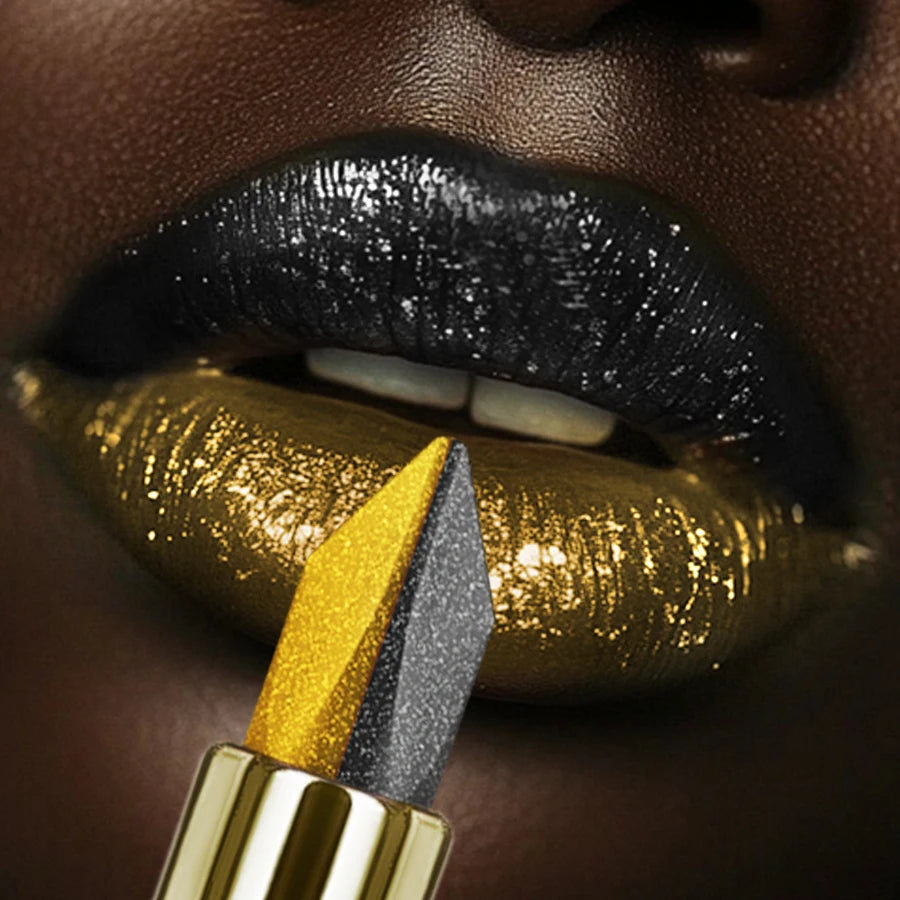 1PC Metallic Finish Lipstick Glitter Black&yellow Two Tone High Pigment Lip Tint Korean Makeup Hydrating Shine Cosmetic Gifts