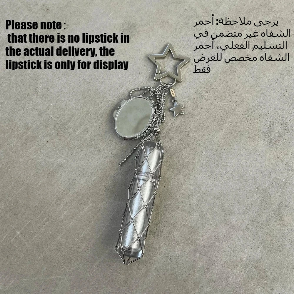 New Metal Net Pocket Lipstick Bag Keychain Portable Makeup Pouch Lip Balm Bag Key Chain Holder Lipsticks Protective Cover Mirror