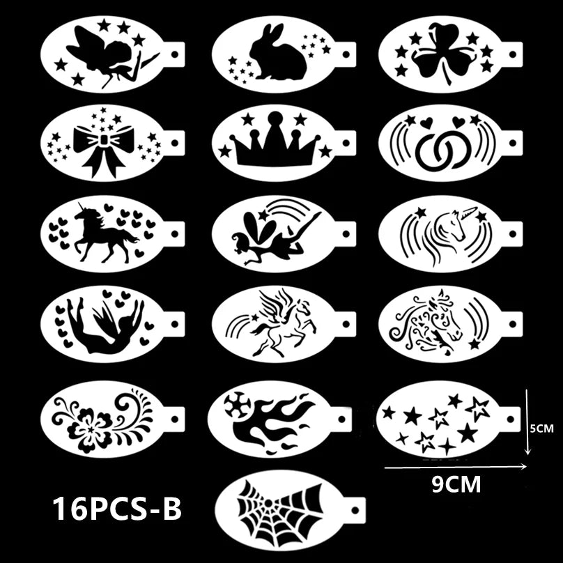16 Face Painting Stencil New Mask Set DIY Kids Graffiti Hand Painting Aids Tattoo Stencils Stage Party Holiday Makeup