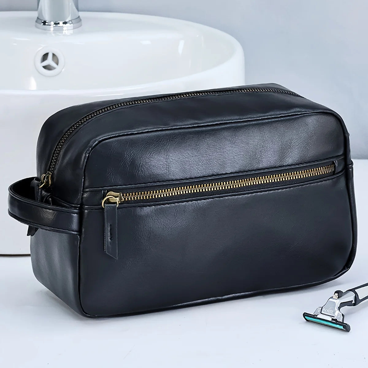 Men Business Travel Wash Toiletry Bag Waterproof PU Leather Bathroom Shaving Tools Organizer Bag Makeup Pouch Women Cosmetic Bag