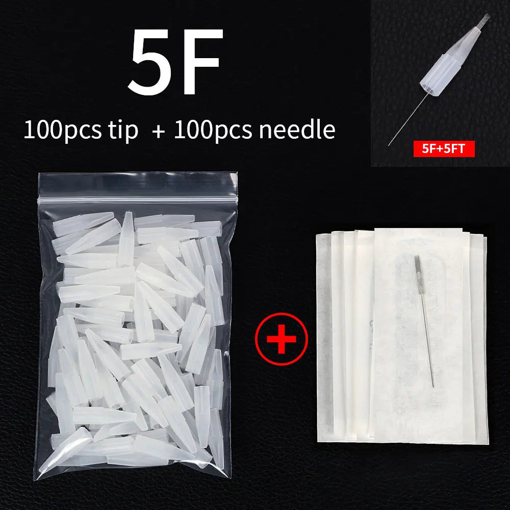 100PCS 1R 3R 5R 5F 7F Tattoo Needles+100Pcs Needle Cap Tips Disposable Microblading for Permanent Makeup Eyebrow Tattoo Machine