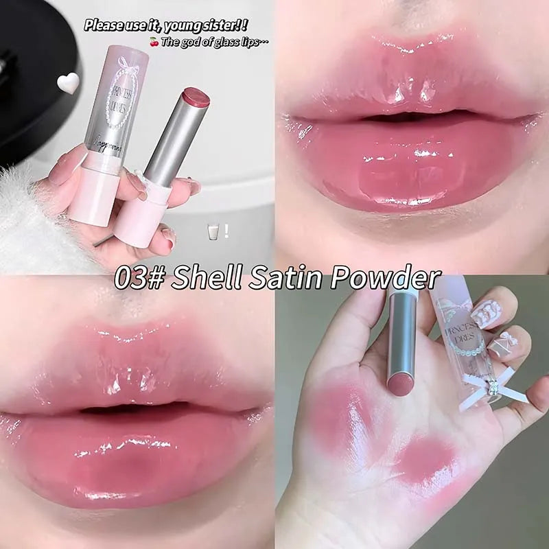 Caramel Brown Solid Lip Gloss Moisturizing Lace Bow Mirror Glass Jelly Lipstick Non Stick Cup Water Light Plump Lip Tint Makeup
