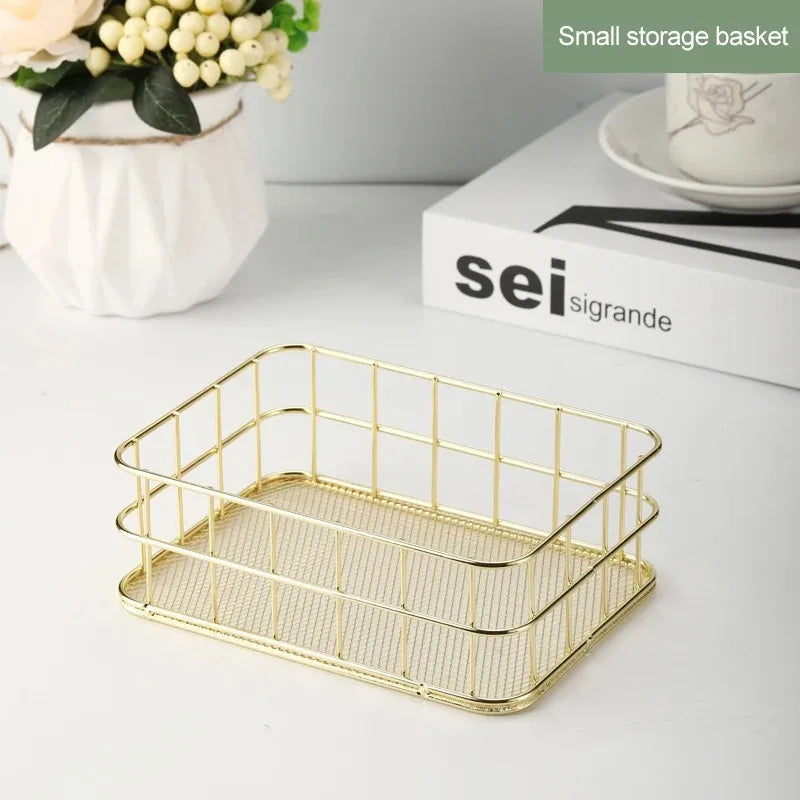 Nordic Iron storage Basket jewelry organizer Gold Office Desktop Sundries Makeup Brushes Holder Table Cosmetics Organizer Rack