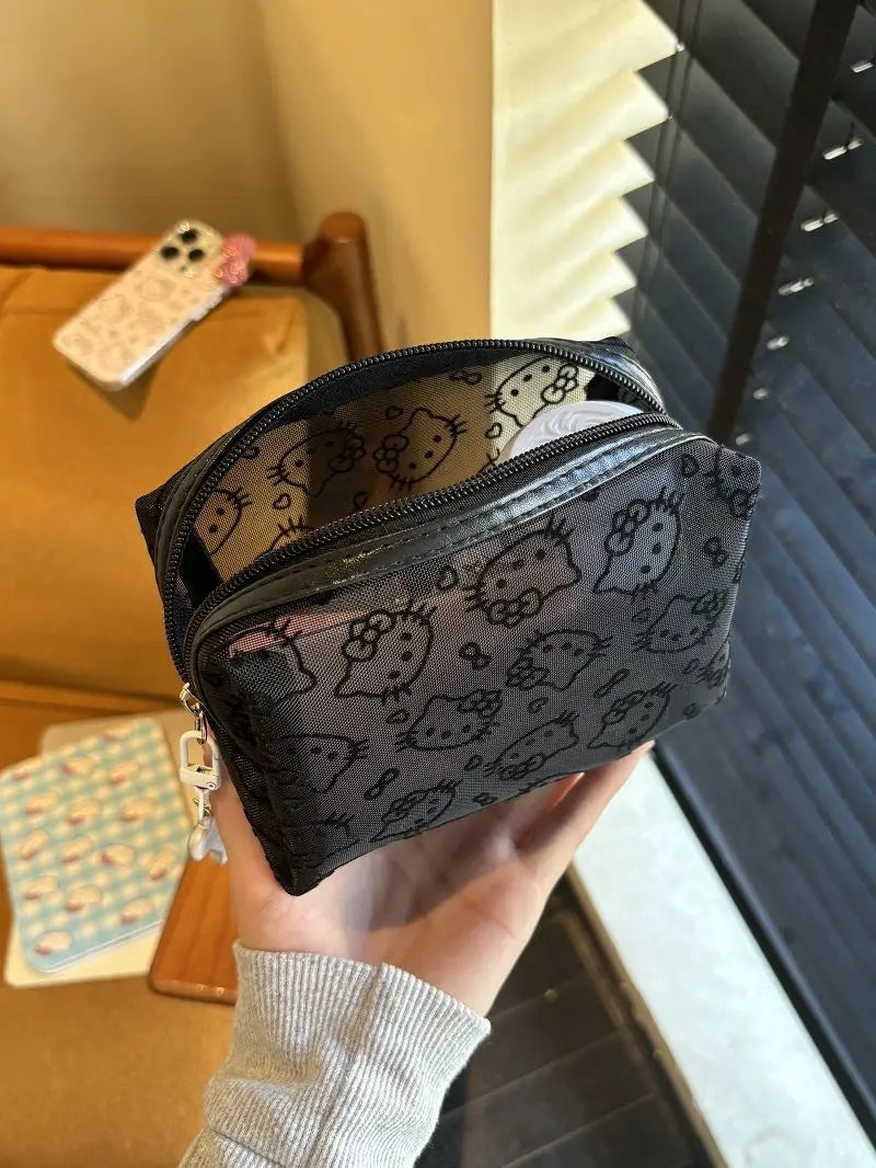 Black Mesh Hello Kitty Makeup Bag - Cute Portable Cosmetic Pouch with Large Capacity, Durable Organizer for Travel