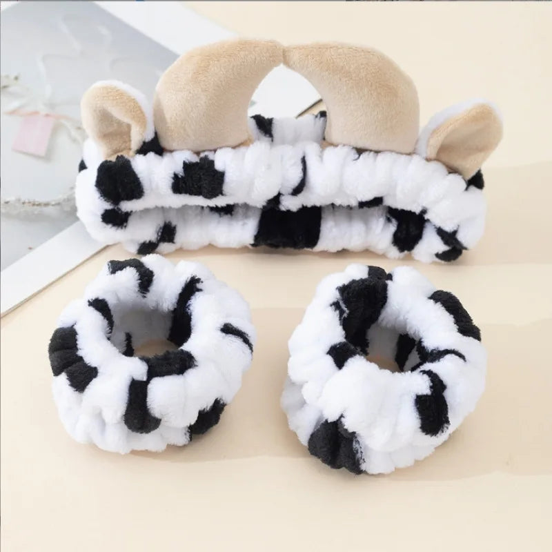 1 Cow Patterned Plush Hair Accessory Set for Autumn Winter Soft Skin Friendly Makeup Home Wear Skincare