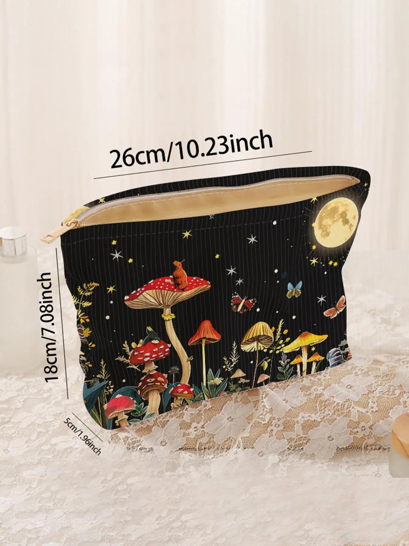 1pc,Mushroom Forest Pattern Corduroy Zipper Makeup Bag, Lightweight Multi functional Makeup Storage Bag