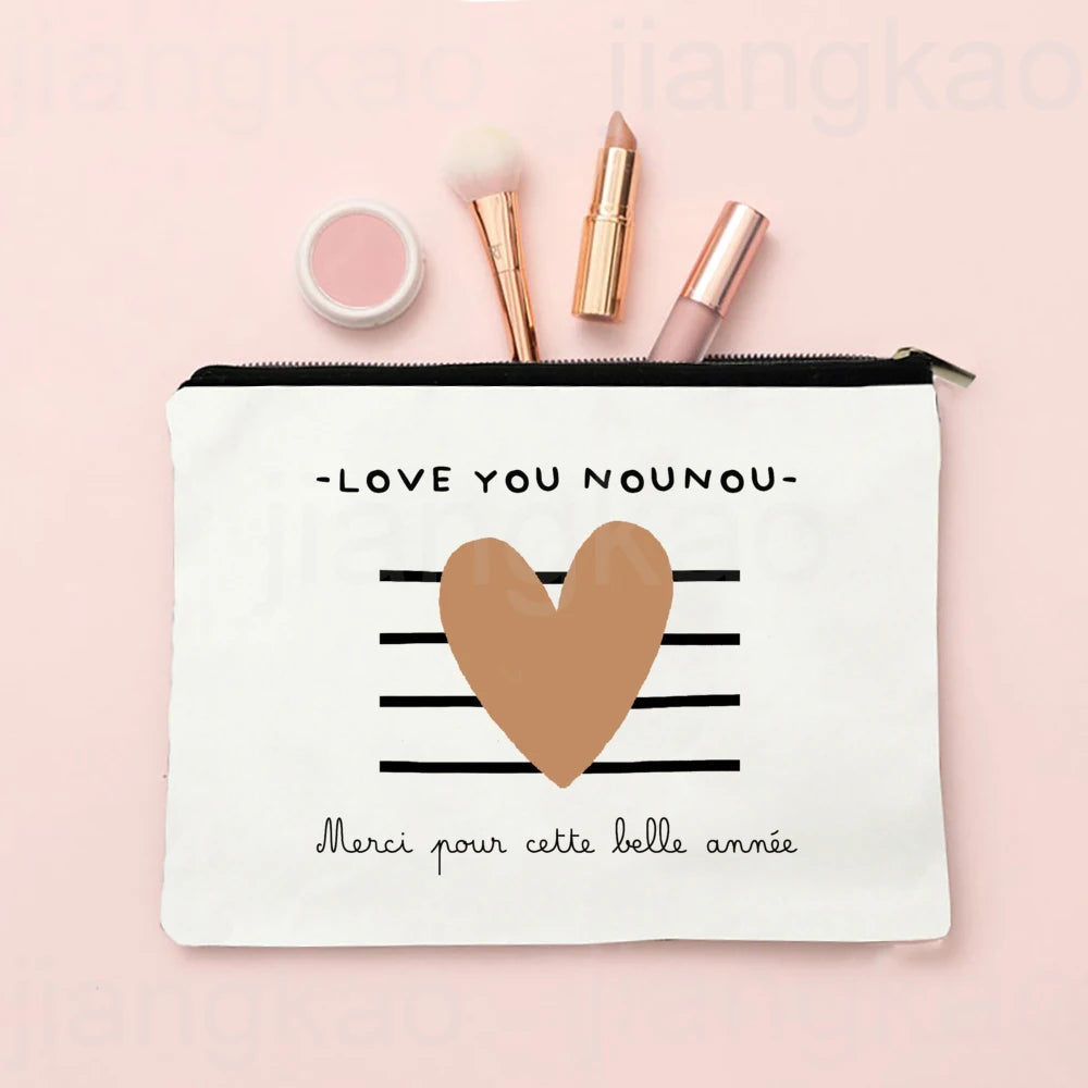 Thank You for Caring for Me As A Nanny French Print Cosmetic Bag Travel Toiletry Organizer Bags Women Makeup Bag Gift for Nounou
