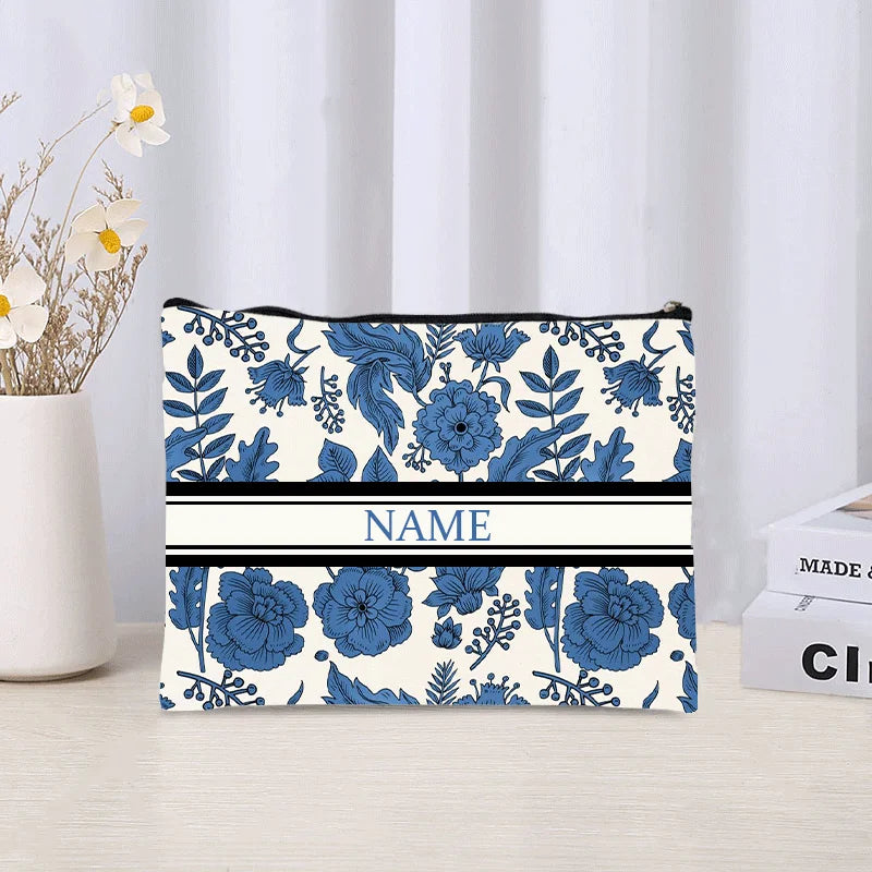 Luxury Custom Name Cosmetic Bag Floral Personalized Makeup Pouch Travel Lipstick Organizer Trendy Make Up Clutch Canvas Purse