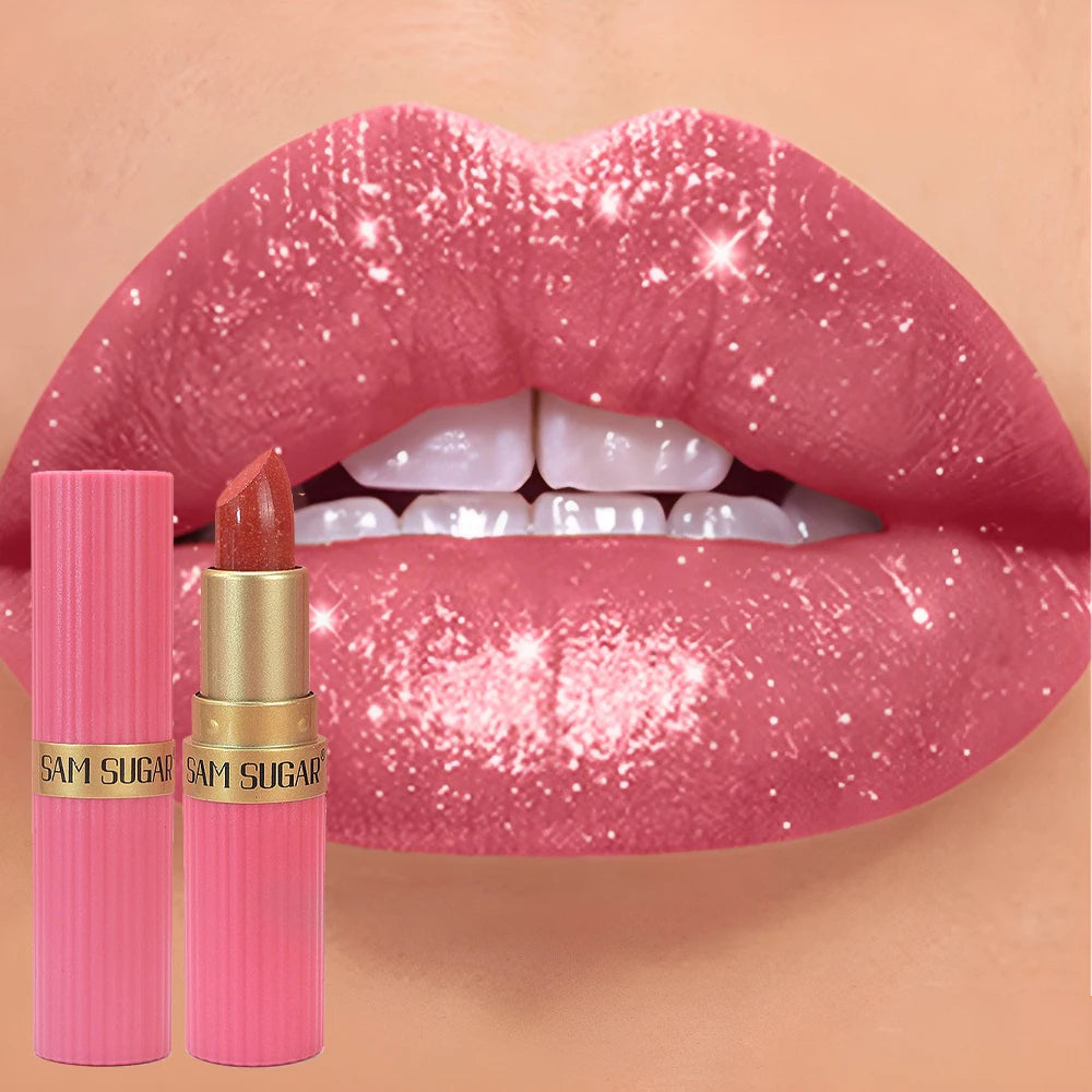 Diamond Glitter Lip Stick Waterproof Lasting Pearlescent Metallic Lip Balm Brown Lipgloss Women Lips Gloss Makeup Cosmetics