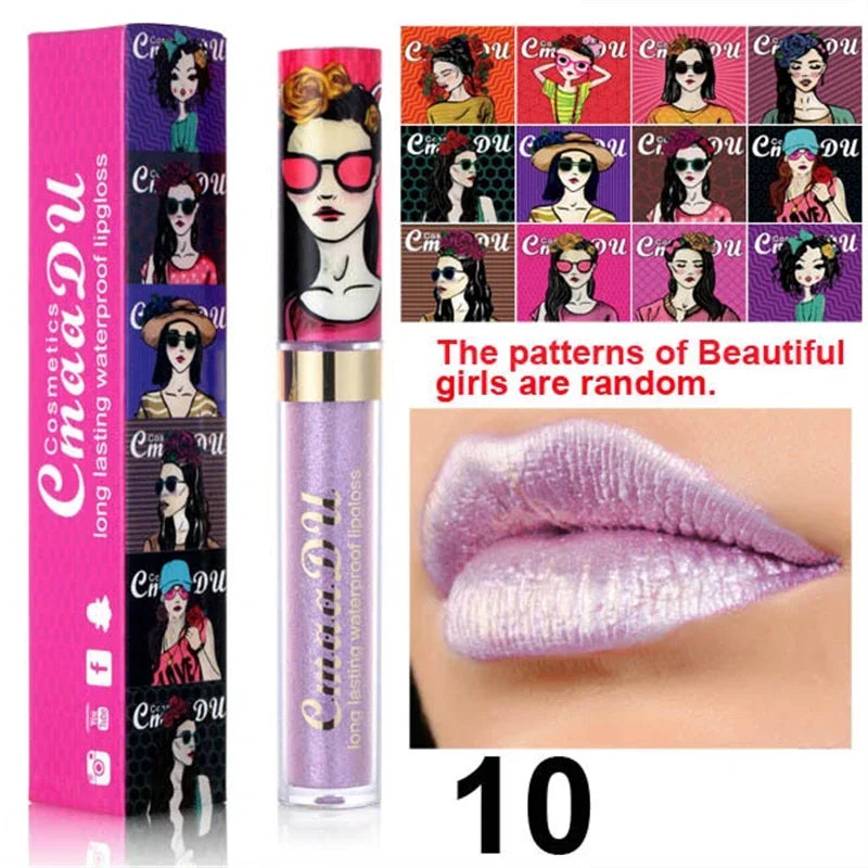 Cmaadu shimmer lip gloss beauty girl diamond glitter lip tint waterproof long lasting 12 color gold flash liquid lipstick makeup