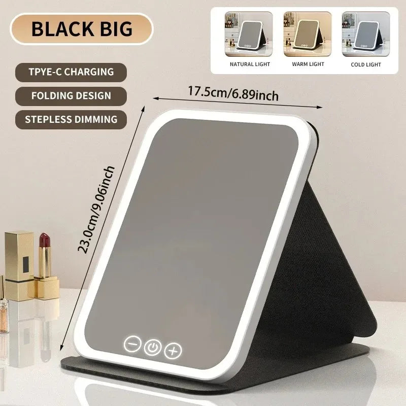 USB Rechargeable 3 Colors LED Makeup Mirror Pocket Mirror Touch Dimmable 3 Brightness Foldable for Travel Office Home