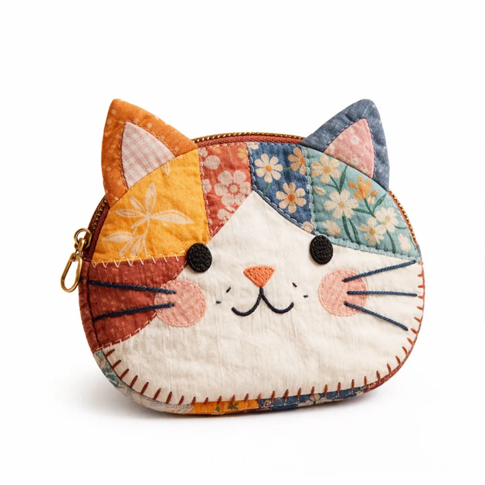Waterproof Patchwork Coin Purse Cat Zipper Design Small Cosmetic Pouch Makeup Bag Home Travel