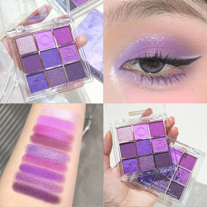 9-color purple and pink eyeshadow palette, long-lasting and waterproof, matte and shimmer finishes, smokey eye makeup palette.