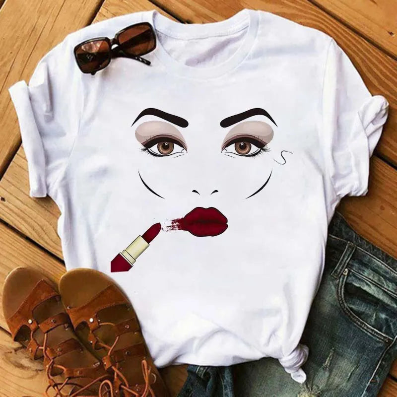 Maycaur Fashion Graphic Women Tops Eyelashes Print Kawaii Lashes Women T Shirt Tee Funny Makeup Aesthetic Shirt Camisas Mujer