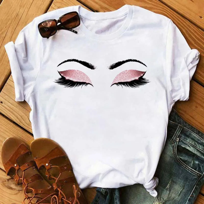 Maycaur Fashion Graphic Women Tops Eyelashes Print Kawaii Lashes Women T Shirt Tee Funny Makeup Aesthetic Shirt Camisas Mujer