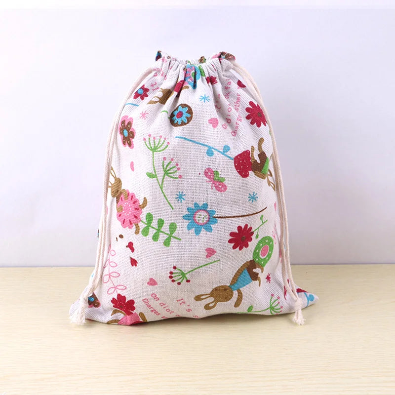 Cotton Linen Fabric Pouch Drawstring Bag Cute Animal Plant Print Kids Travel Cloth Shoes Storage Bag Makeup Case Xmas Gift Bag