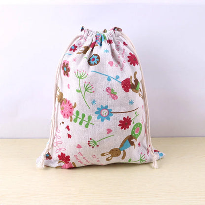 Cotton Linen Fabric Pouch Drawstring Bag Cute Animal Plant Print Kids Travel Cloth Shoes Storage Bag Makeup Case Xmas Gift Bag