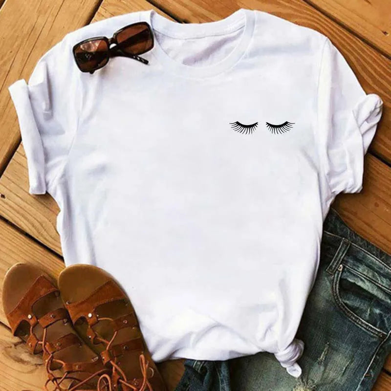 Maycaur Fashion Graphic Women Tops Eyelashes Print Kawaii Lashes Women T Shirt Tee Funny Makeup Aesthetic Shirt Camisas Mujer