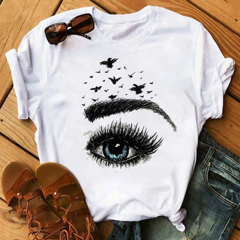 Maycaur Fashion Graphic Women Tops Eyelashes Print Kawaii Lashes Women T Shirt Tee Funny Makeup Aesthetic Shirt Camisas Mujer