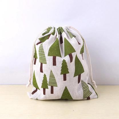 Cotton Linen Fabric Pouch Drawstring Bag Cute Animal Plant Print Kids Travel Cloth Shoes Storage Bag Makeup Case Xmas Gift Bag
