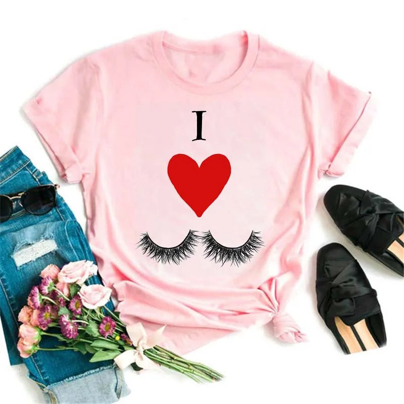 Maycaur Fashion Graphic Women Tops Eyelashes Print Kawaii Lashes Women T Shirt Tee Funny Makeup Aesthetic Shirt Camisas Mujer