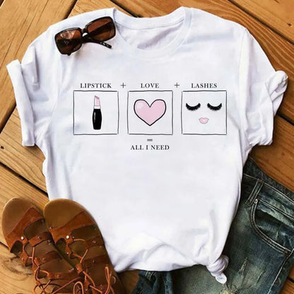 Maycaur Fashion Graphic Women Tops Eyelashes Print Kawaii Lashes Women T Shirt Tee Funny Makeup Aesthetic Shirt Camisas Mujer