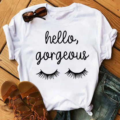 Maycaur Fashion Graphic Women Tops Eyelashes Print Kawaii Lashes Women T Shirt Tee Funny Makeup Aesthetic Shirt Camisas Mujer