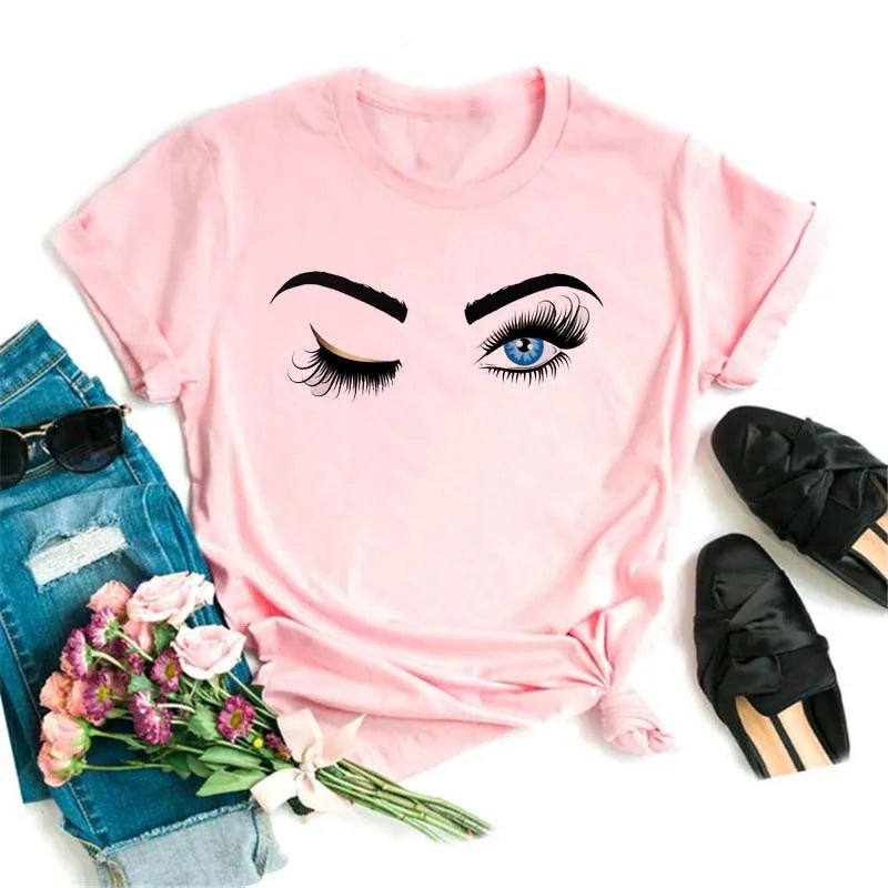 Maycaur Fashion Graphic Women Tops Eyelashes Print Kawaii Lashes Women T Shirt Tee Funny Makeup Aesthetic Shirt Camisas Mujer
