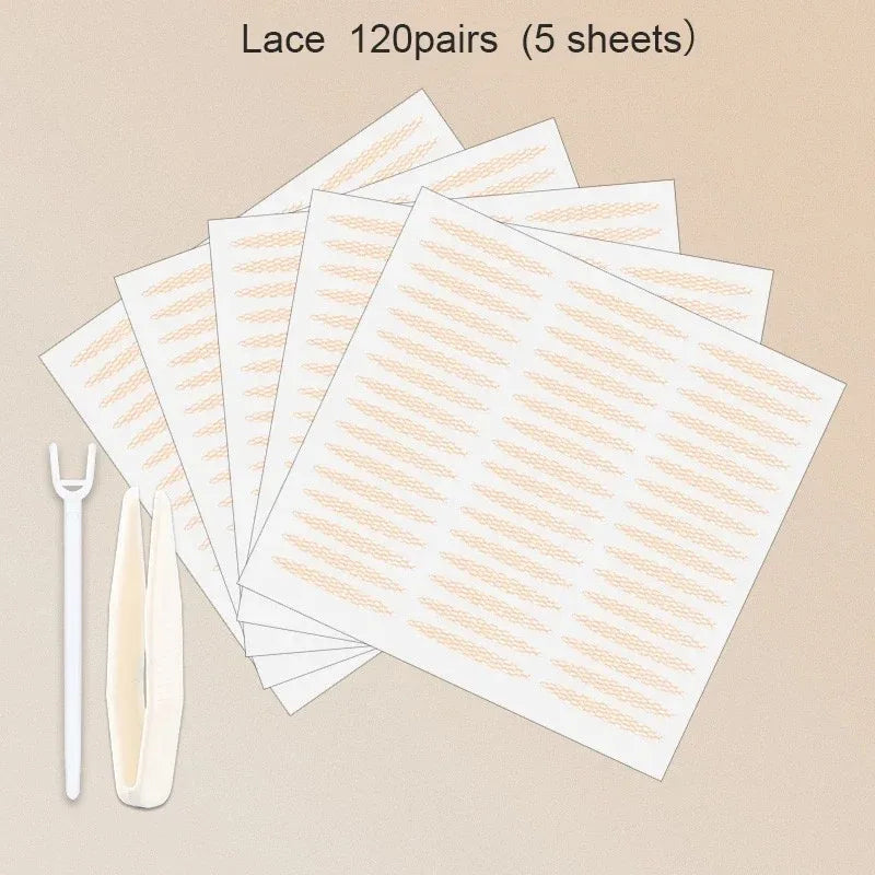 480Pcs Stealth Double Fold Eyelid Tape Fiber Sticker Lace Nature Clear Beige Stripe Self-adhesive Natural Eye Makeup with Tool
