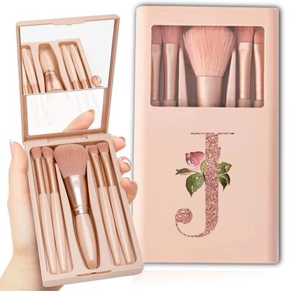 5pcs Cosmetic Brush Kit With Mirror And Case Foldable Box Storage Makeup Brush Set Portable Beauty Tool Rose Gold Letter Pattern