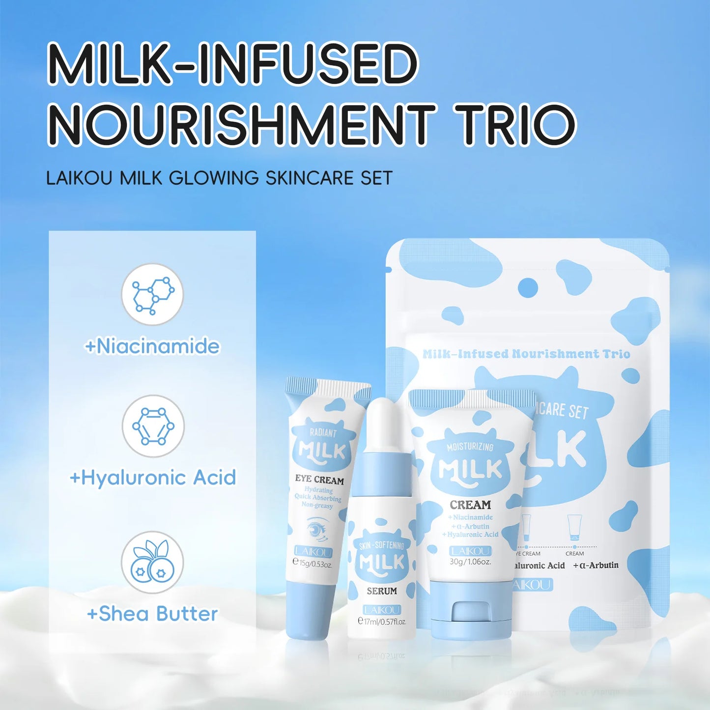 LAIKOU Milk Skincare Travel Set 3pcs Niacinamide Hyaluronic Acid Face Serum Eye Cream Face Cream Moisturizing Glowing Skin Care