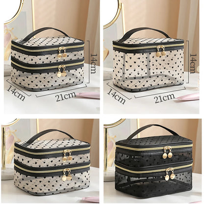 Double-layers Black Mesh Cosmetic Bag Travel Portable Large-Capacity Makeup Case Organizer Storage Pouch Zipper Toiletry Bags