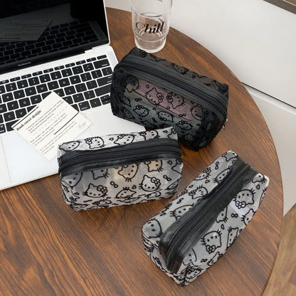 Black Mesh Hello Kitty Makeup Bag - Cute Portable Cosmetic Pouch with Large Capacity, Durable Organizer for Travel
