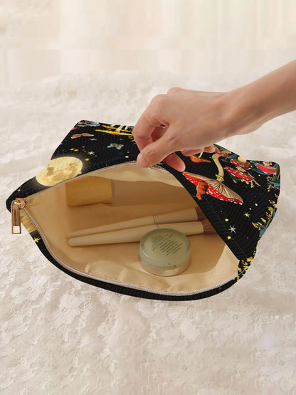 1pc，Mushroom Forest Pattern Corduroy Zipper Makeup Bag, Lightweight Multi functional Makeup Storage Bag