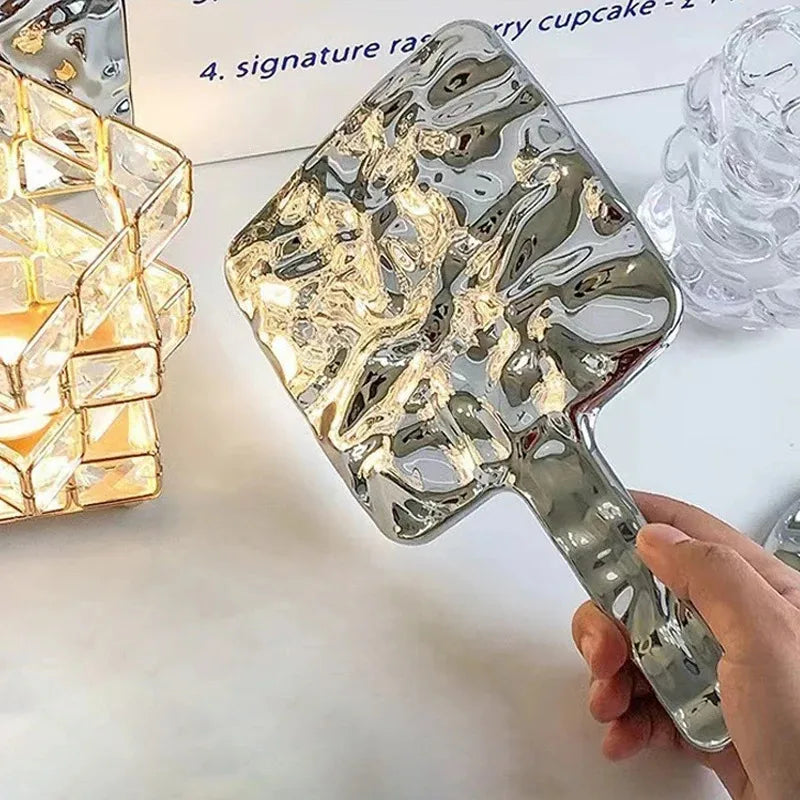 Electroplating Handle Makeup Mirror - Portable Square Hand Makeup Mirror, Handheld Beauty Mirror
