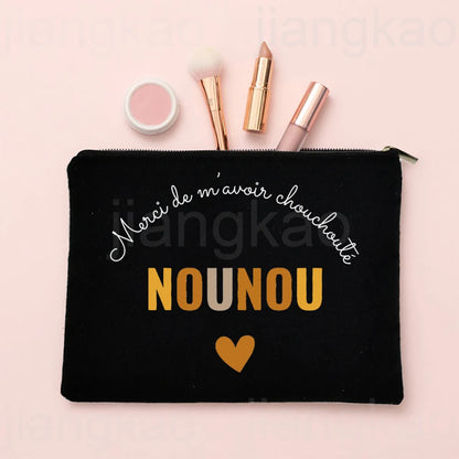 Thank You for Caring for Me As A Nanny French Print Cosmetic Bag Travel Toiletry Organizer Bags Women Makeup Bag Gift for Nounou