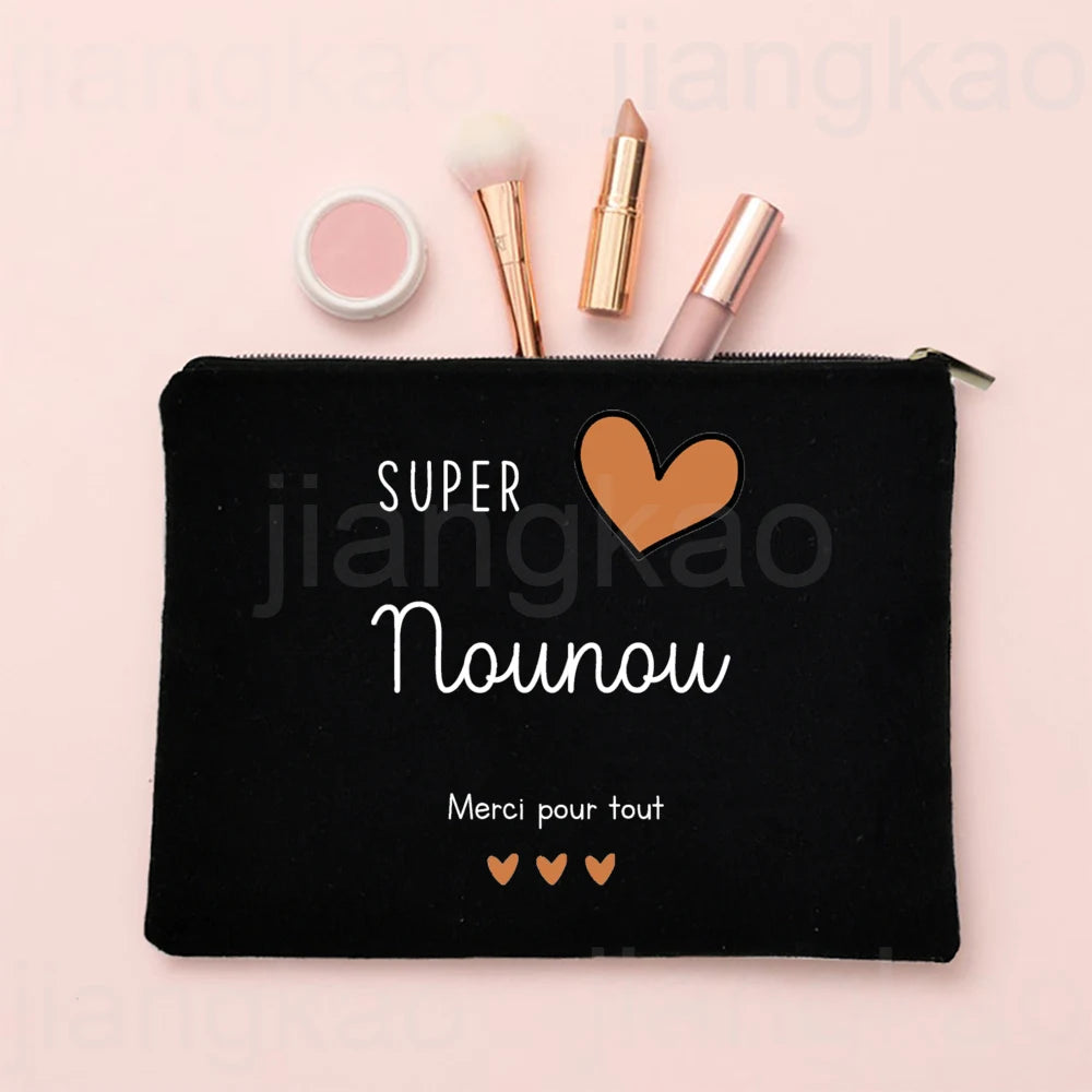 Thank You for Caring for Me As A Nanny French Print Cosmetic Bag Travel Toiletry Organizer Bags Women Makeup Bag Gift for Nounou