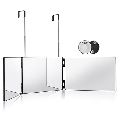 360 Trifold Mirror Portable with Height Adjustable Telescoping Hooks Ideal for Self Hair Cutting Makeup Essential Fordable