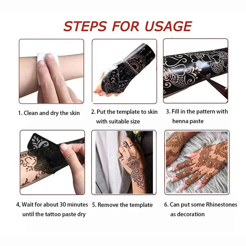 Reusable Henna Stencil for Hand Body Painting Flower Henna Tattoo Template for Women Wedding Festival Body Makeup Tattoo Tools