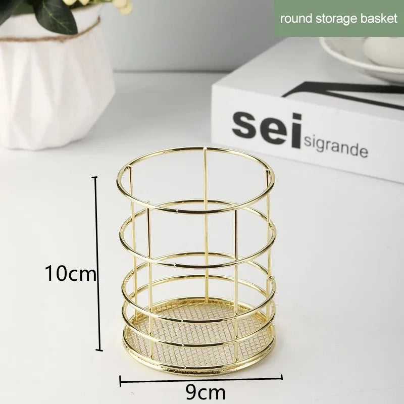 Nordic Iron storage Basket jewelry organizer Gold Office Desktop Sundries Makeup Brushes Holder Table Cosmetics Organizer Rack