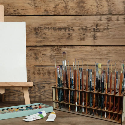 67-Slot Wooden Brush Organizer – Wall/Desk Mount Holder for Paintbrushes, Makeup Tools & Art Supplies, Natural Finish
