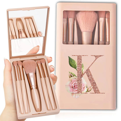5pcs Cosmetic Brush Kit With Mirror And Case Foldable Box Storage Makeup Brush Set Portable Beauty Tool Rose Gold Letter Pattern