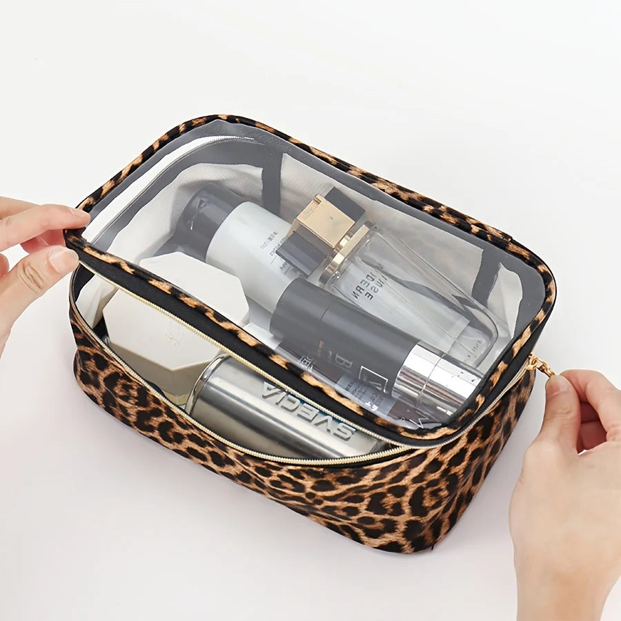 Leopard Print Clear Makeup Bag - Waterproof, Large Capacity Travel Cosmetic Organizer with Zipper