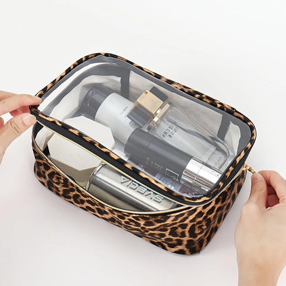 Leopard Print Clear Makeup Bag - Waterproof, Large Capacity Travel Cosmetic Organizer with Zipper