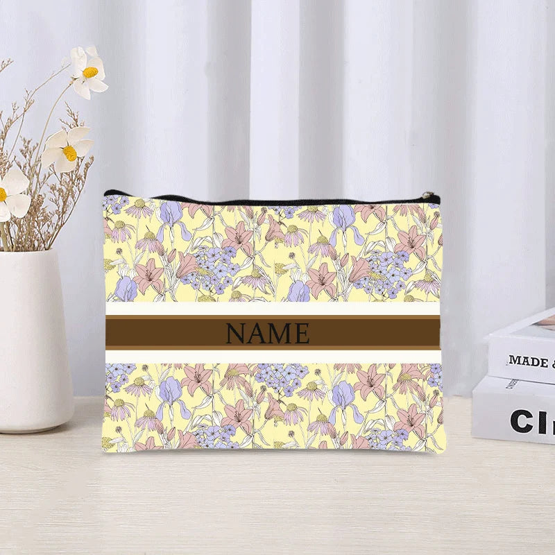 Luxury Custom Name Cosmetic Bag Floral Personalized Makeup Pouch Travel Lipstick Organizer Trendy Make Up Clutch Canvas Purse