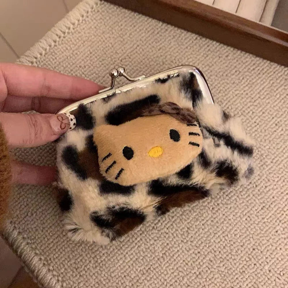 Cute Fresh and Sweet Kitty Leopard Print Coin Purse Plush Carry Bluetooth Headphone Bag KT Cat Makeup Bag Storage Bag